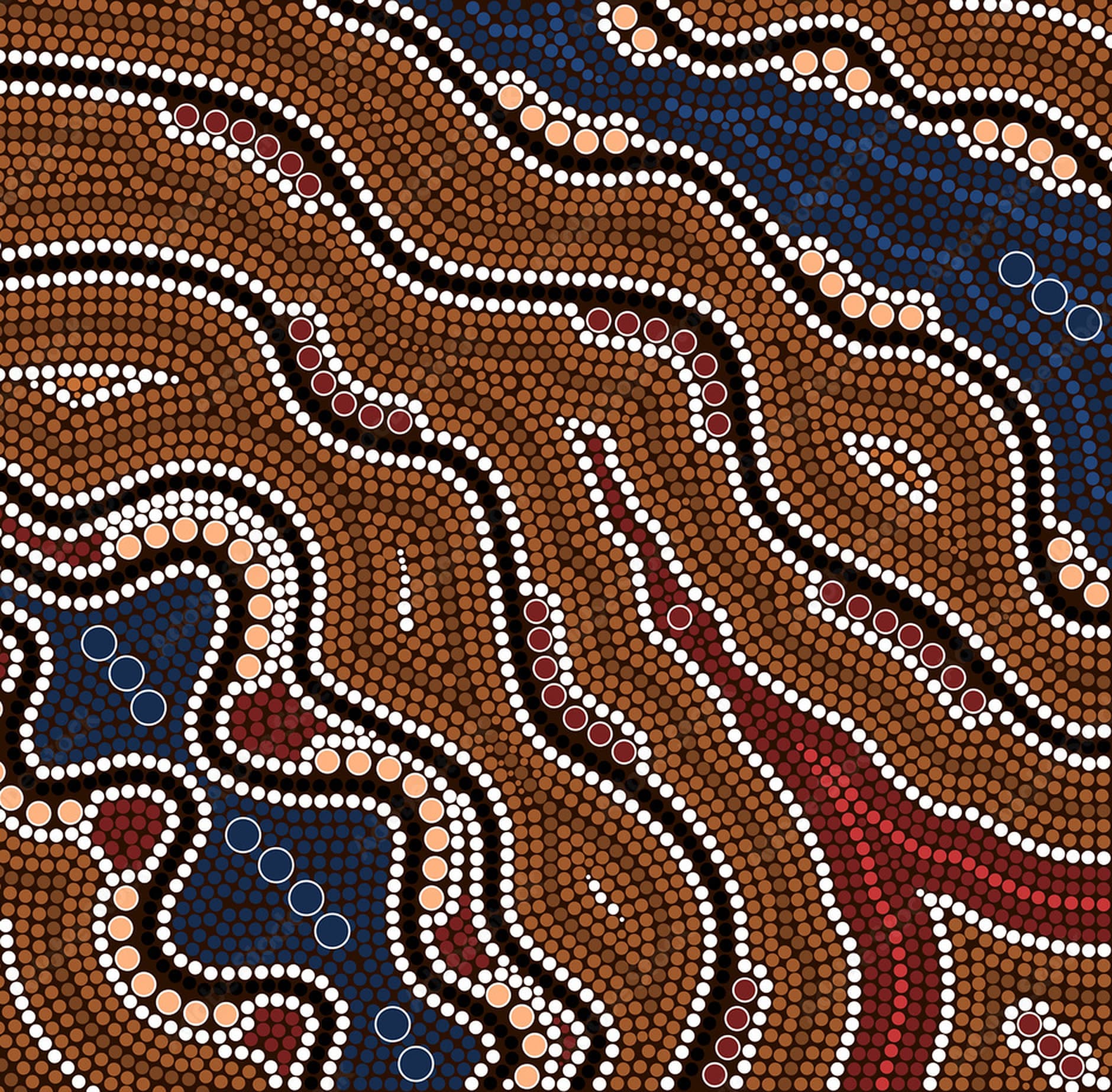 Dot painting artwork of winding dotted rivers in brown, blue and white