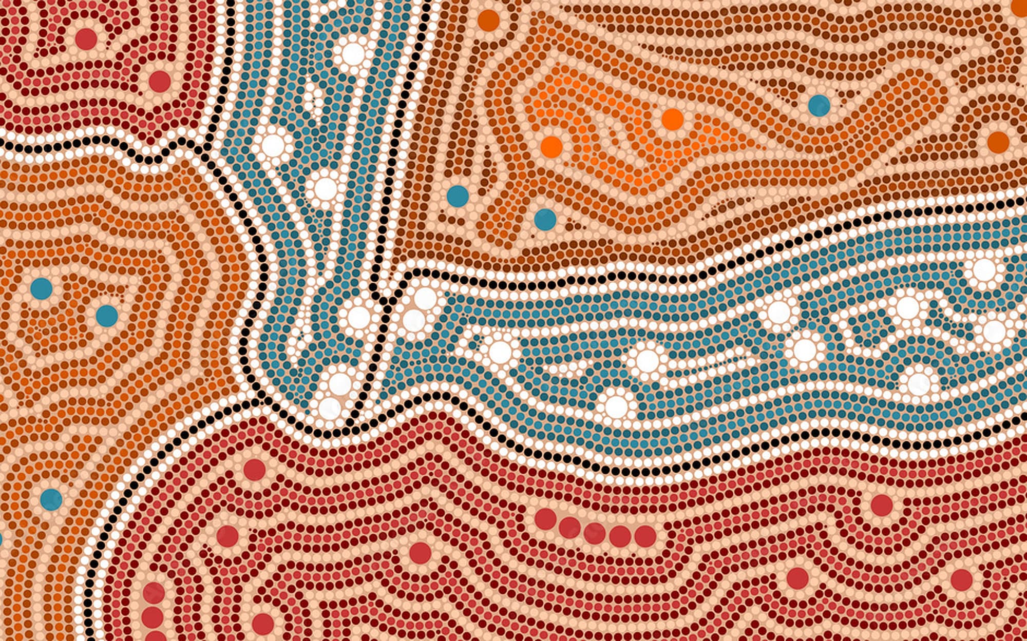 Dot painting artwork of winding rivers and journey paths in ochre, rust and teal